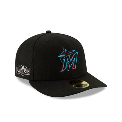 Black Miami Marlins Hat - New Era MLB Postseason Side Patch Low Profile 59FIFTY Fitted Caps USA4973156